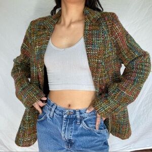 Multi-colored tweed blazer with a lime green lining